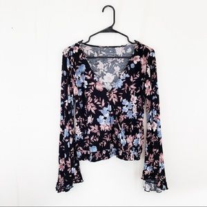 AEO Floral Wrap Front Boho Bell Sleeved Blouse